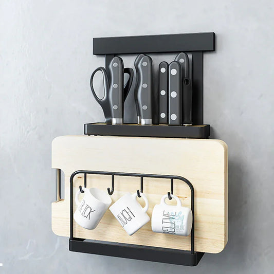 Wall-mounted kitchen organizer with knife block, cutting board, and mug hooks for space-saving storage