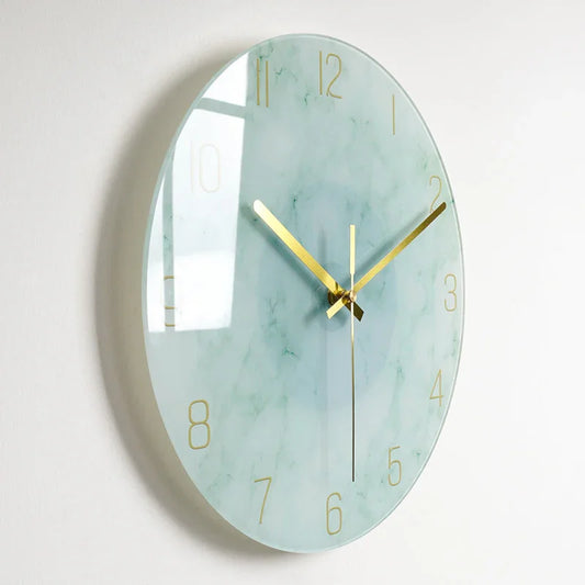 Modern mint green marble wall clock with gold hands, stylish home decor for living room or office