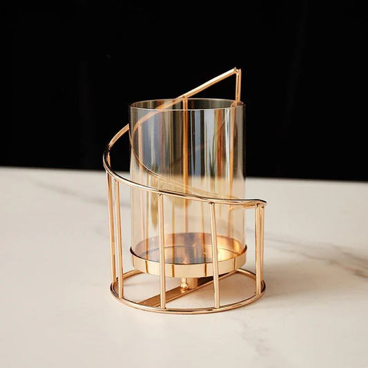 Modern gold metal candle holder with glass cylinder, minimalist home decor accent