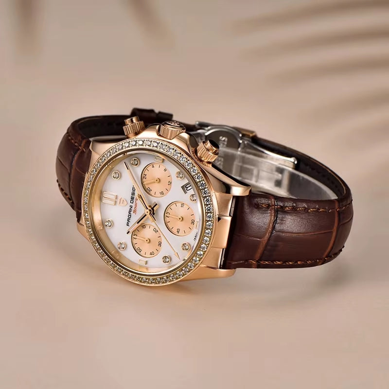 Women'S Automatic Quartz Watch Luxury Sapphire Glass Leather Waterproof Watch Multifunctional Chronometer Women