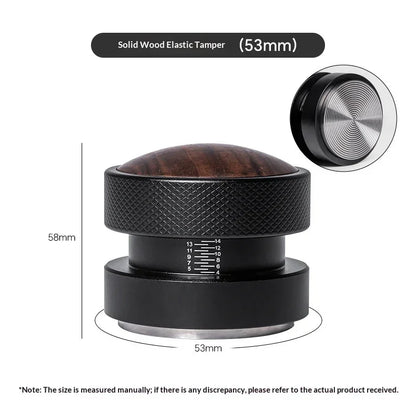 Solid wood espresso tamper 53mm with textured black handle, 58mm height, adjustable base.