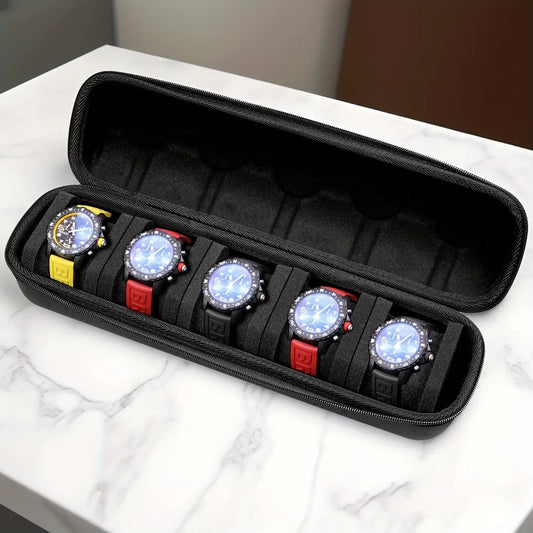 1Pc 5-Slot Watch Case | Hard Shell Travel Organizer with Pillow Insert - Gift Ready (Black),Suitable for Smart Watch Storage