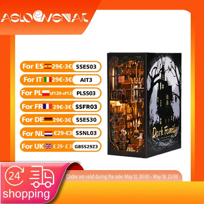 Book Nook Kit Dark Family DIY Wooden Puzzle Gothic Style Halloween Bookshelf Dollhouse Model Bookend Building Home Decoration