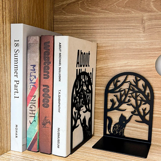 Creative Black Metal Book Stand - Arched with Animal and Floral Outlines (Dog, Cat, Hummingbird), Sturdy Desktop Organizer.