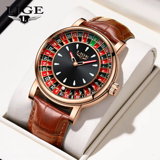 Fashion Brown Leather Men Watch Rotating Dial Las Vegas Roulette Desktop Theme Watch Men Waterproof Luminous Clock Watches