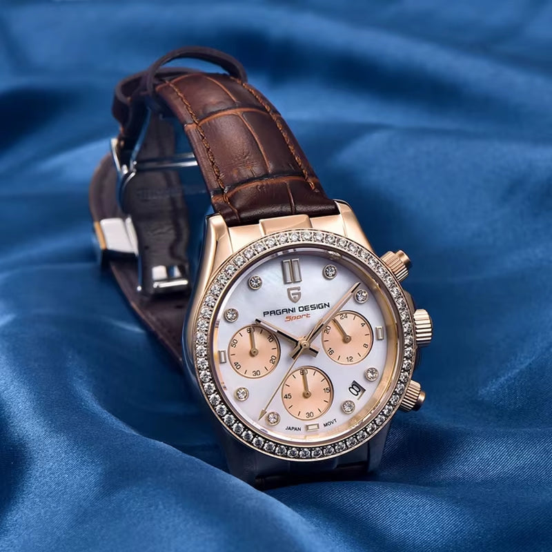 Women'S Automatic Quartz Watch Luxury Sapphire Glass Leather Waterproof Watch Multifunctional Chronometer Women