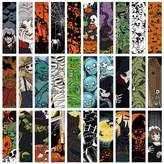 30Pcs Horror Scary Skull Pumpkin Head Reading Tags Memo Card Holiday Gift Halloween Cartoon Graffiti Bookmark