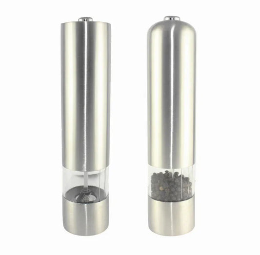 Stainless steel salt and pepper grinders with clear base showing peppercorns, modern kitchen seasoning set