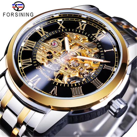 349 Men'S Mechanical Watch Business round Skeleton Silvery Black Stainless Steel Manual Wrist Watches for Male Clock
