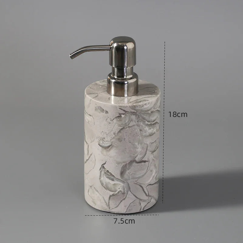 Marble texture liquid soap dispenser with stainless steel pump, 18cm tall, 7.5cm wide