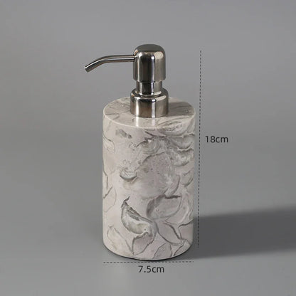 Marble texture liquid soap dispenser with stainless steel pump, 18cm tall, 7.5cm wide