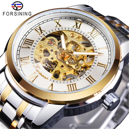 349 Men'S Mechanical Watch Business round Skeleton Silvery Black Stainless Steel Manual Wrist Watches for Male Clock