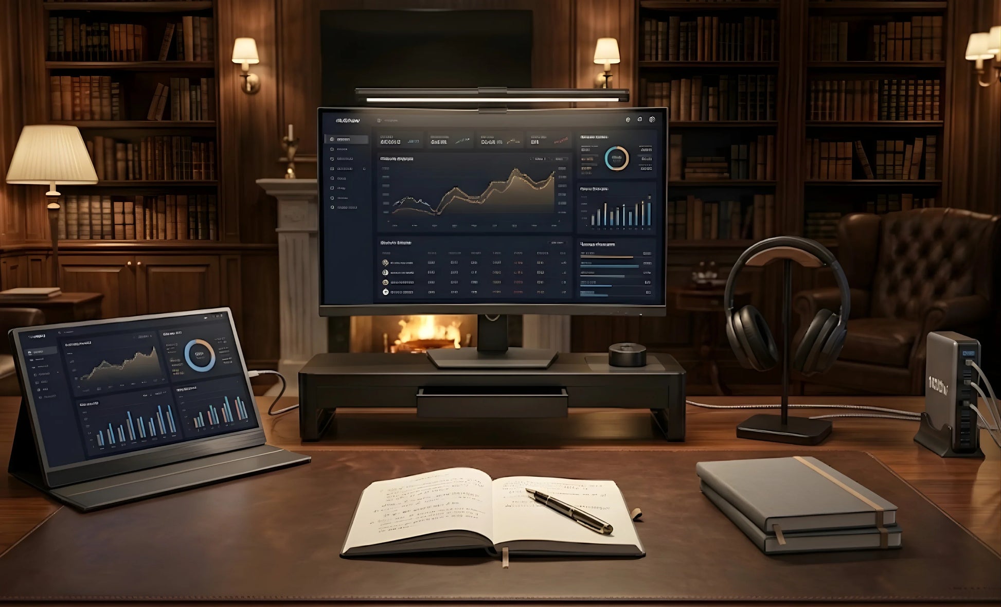 Modern home office desk with analytics dashboards on monitors, books, and cozy library background