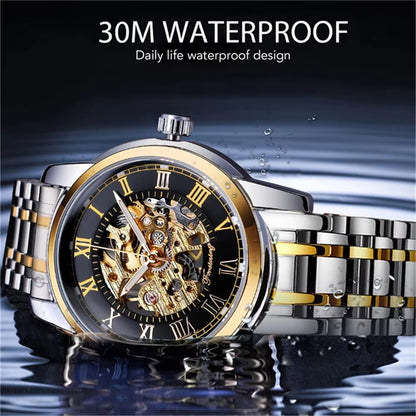 349 Men'S Mechanical Watch Business round Skeleton Silvery Black Stainless Steel Manual Wrist Watches for Male Clock