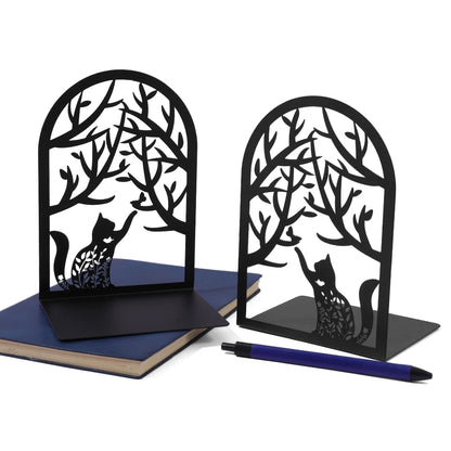 Creative Black Metal Book Stand - Arched with Animal and Floral Outlines (Dog, Cat, Hummingbird), Sturdy Desktop Organizer.