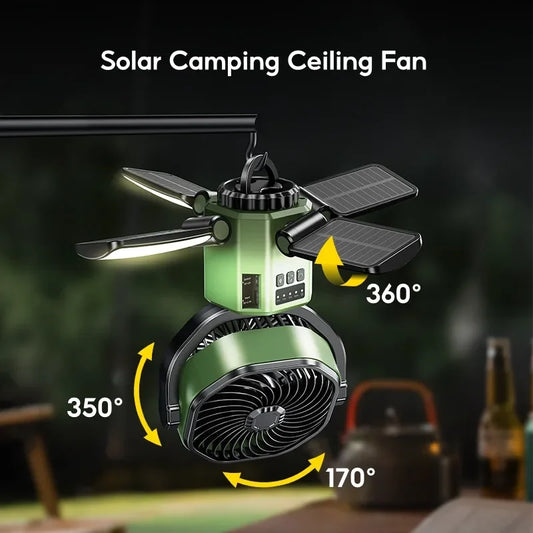 Camping Solar Fan with 6000Mah Battery Powered Tent Camp Fan with Light 4 Speed Wind Adjustable Air Cooling Fan for Outdoor
