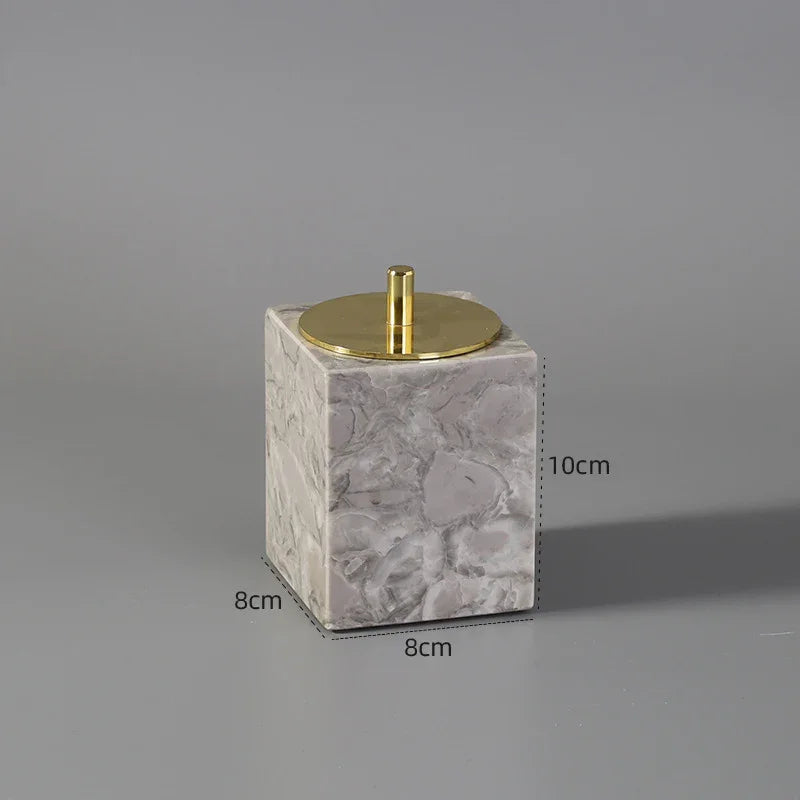 Square marble container with gold lid, 10cm tall, 8cm wide, modern home decor accessory.