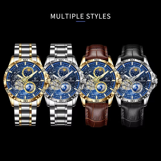 New Men'S Automatic Watches Skeleton Starry Sky Moon Phase Luminous Waterproof Stainless Steel Mechanical Watch for Men