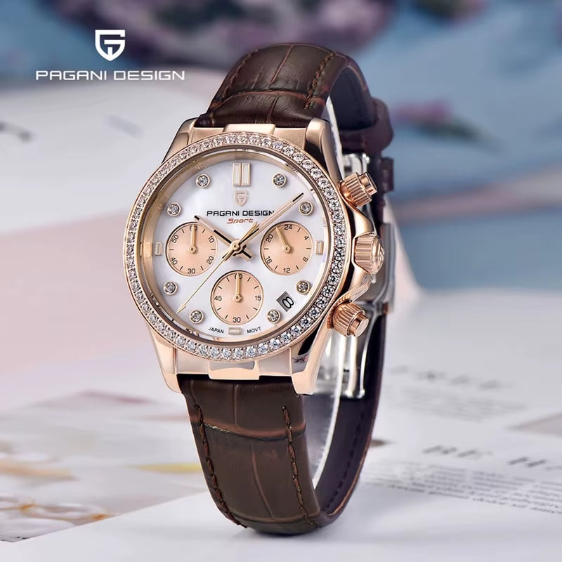 Women'S Automatic Quartz Watch Luxury Sapphire Glass Leather Waterproof Watch Multifunctional Chronometer Women