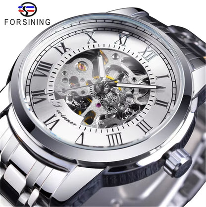 349 Men'S Mechanical Watch Business round Skeleton Silvery Black Stainless Steel Manual Wrist Watches for Male Clock