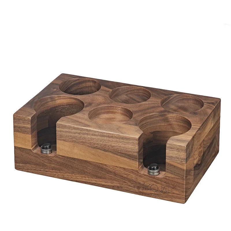 Wooden coffee tray with six round slots for cups, natural finish, modern design