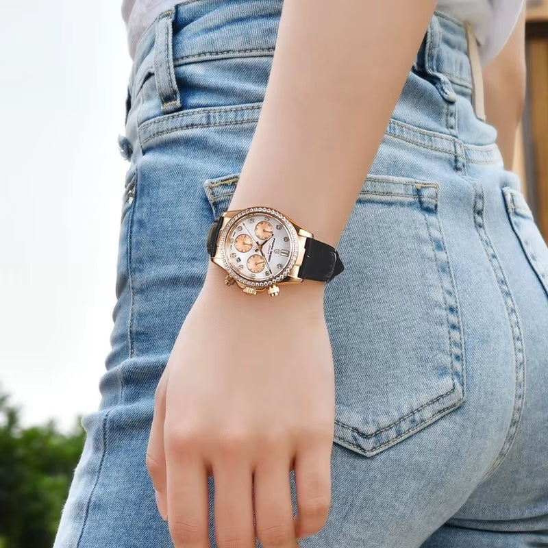 Women'S Automatic Quartz Watch Luxury Sapphire Glass Leather Waterproof Watch Multifunctional Chronometer Women
