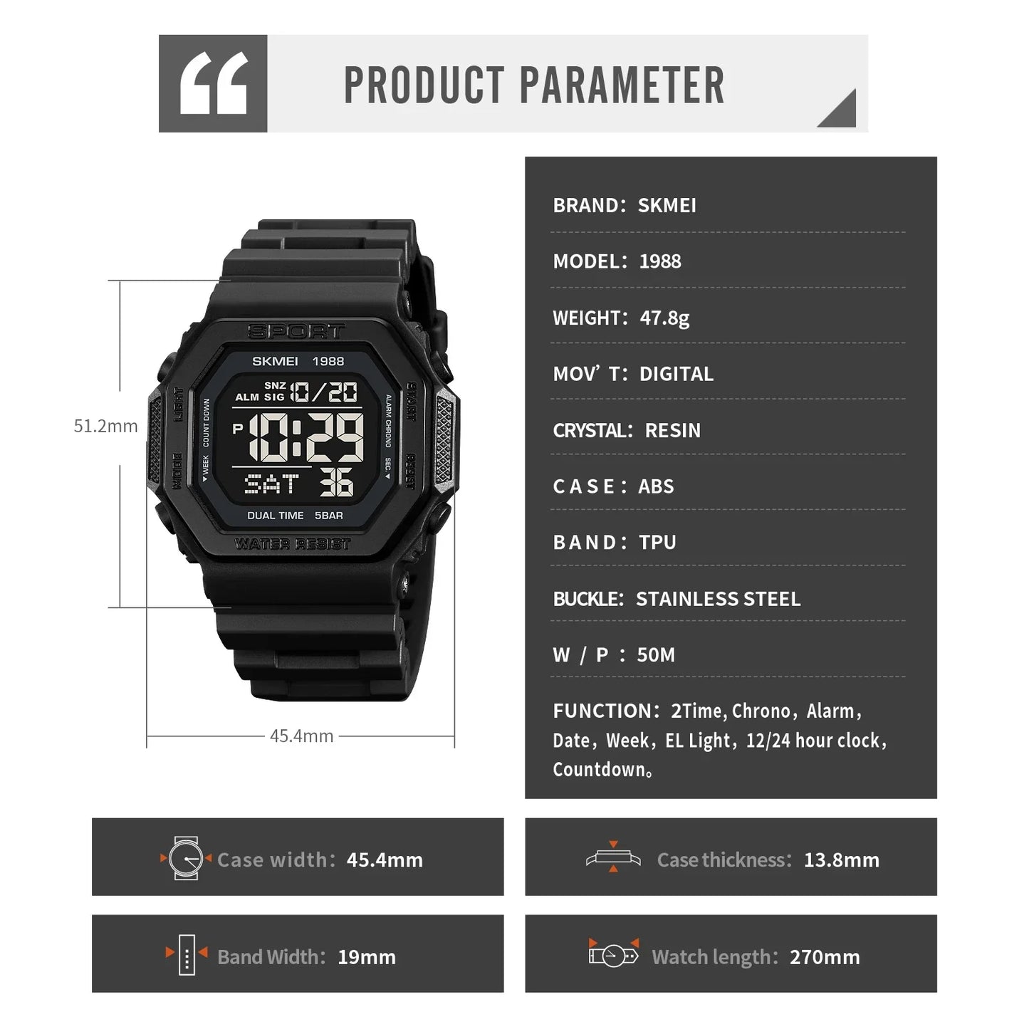 1988 Digital Sport Watch for Men LED Display Military Countdown Military Wristwatches Waterproof Mens Reloj Hombre 1628