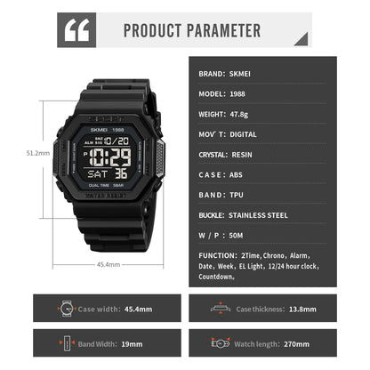 1988 Digital Sport Watch for Men LED Display Military Countdown Military Wristwatches Waterproof Mens Reloj Hombre 1628