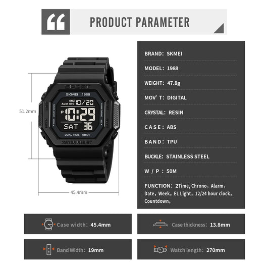 1988 Digital Sport Watch for Men LED Display Military Countdown Military Wristwatches Waterproof Mens Reloj Hombre 1628