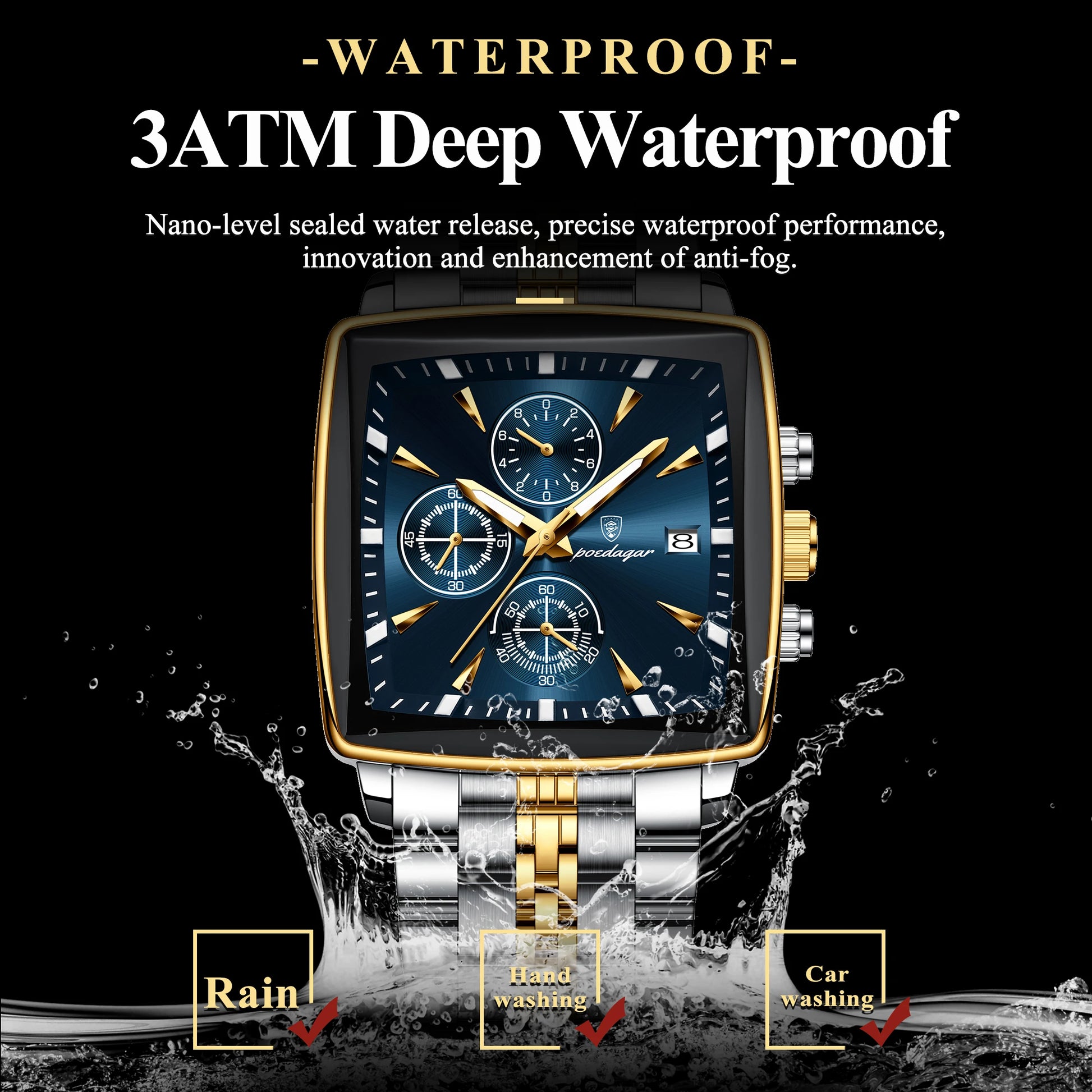 Fashion Men Watch Luminous Waterproof Chronograph Date Man Wristwatch Square Stainless Steel Quartz Men'S Watches Reloj