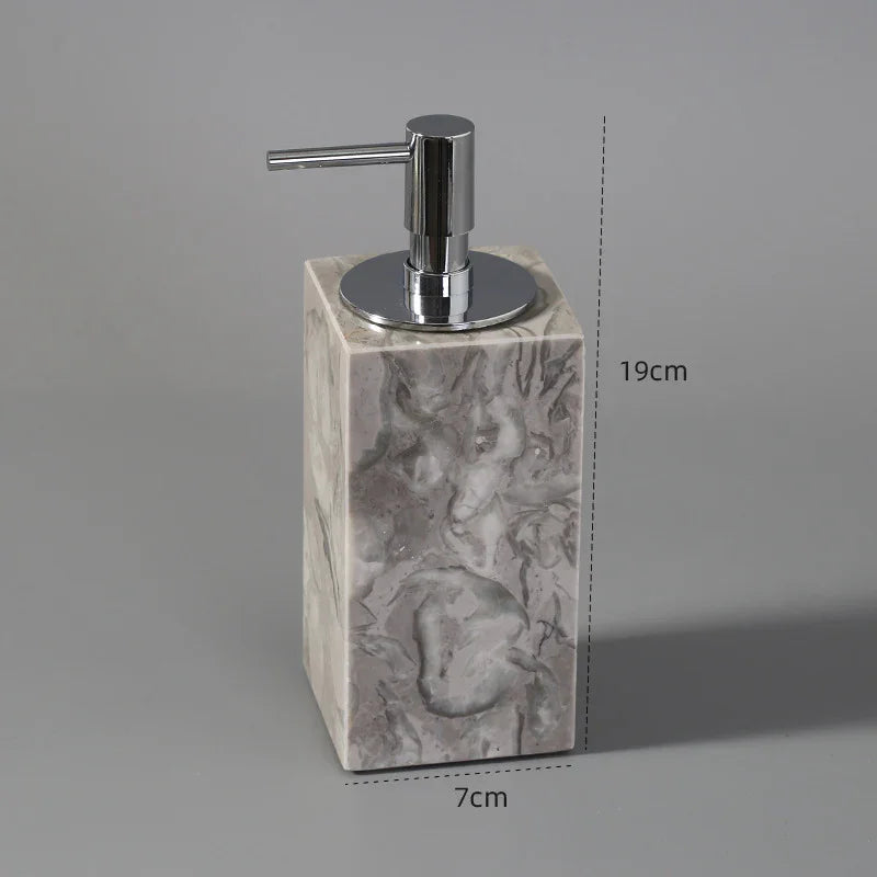 Marble-look soap dispenser with chrome pump, rectangular 19cm x 7cm, modern bathroom accessory