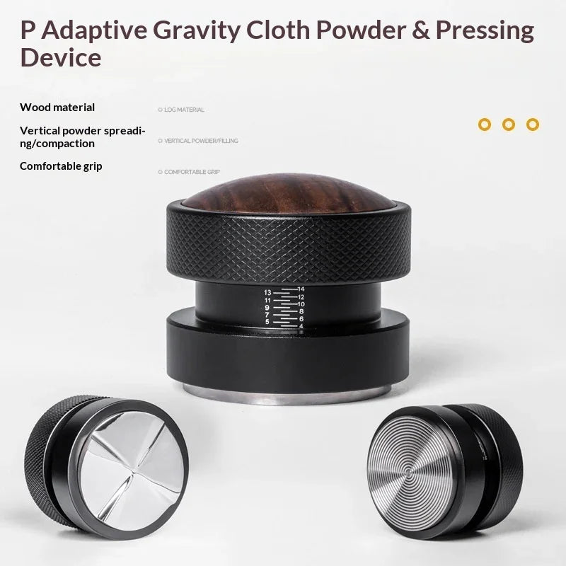 Adjustable espresso tamper with wooden handle and stainless steel base on white background