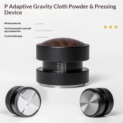 Adjustable espresso tamper with wooden handle and stainless steel base on white background