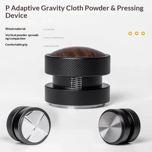 Adjustable espresso tamper with wooden handle and stainless steel base on white background