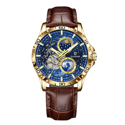 New Men'S Automatic Watches Skeleton Starry Sky Moon Phase Luminous Waterproof Stainless Steel Mechanical Watch for Men