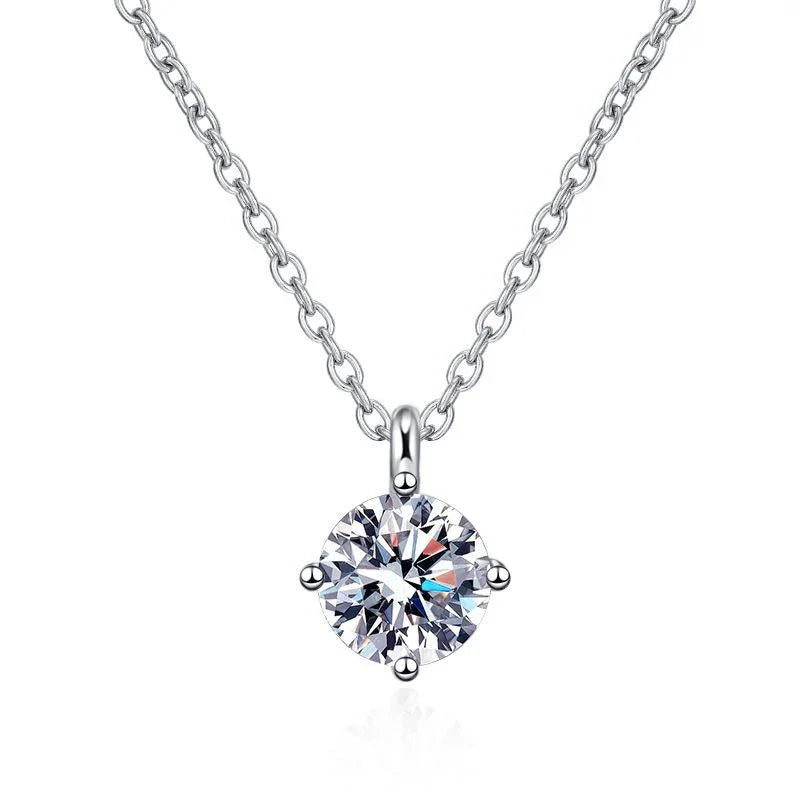 Silver chain necklace with round solitaire clear gemstone pendant, minimalist jewelry