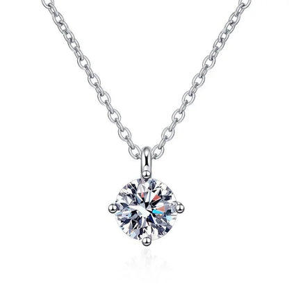 Silver chain necklace with round solitaire clear gemstone pendant, minimalist jewelry