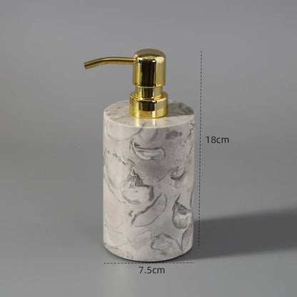 Marble texture soap dispenser with gold pump, 18cm tall, 7.5cm wide on gray background