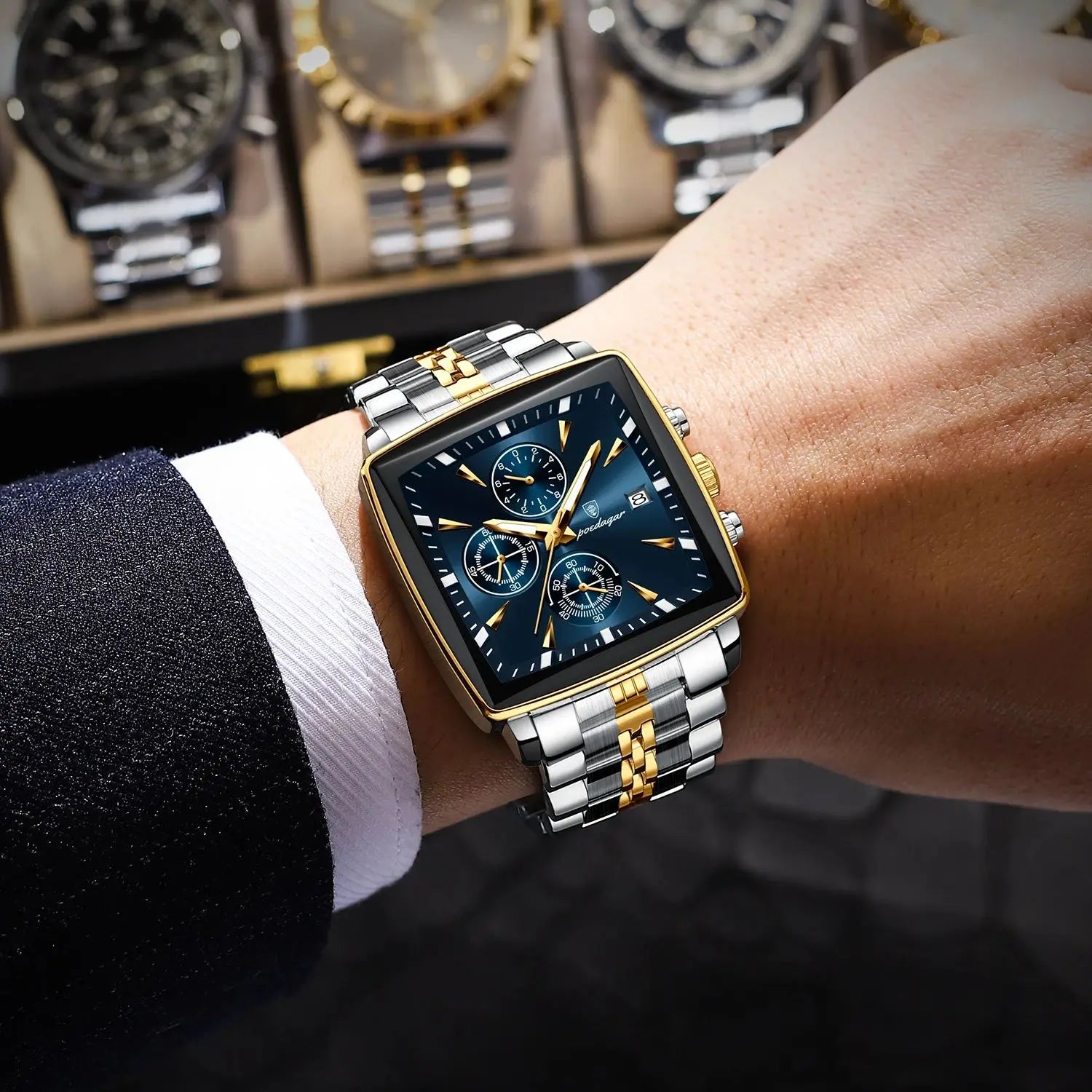 Fashion Men Watch Luminous Waterproof Chronograph Date Man Wristwatch Square Stainless Steel Quartz Men'S Watches Reloj