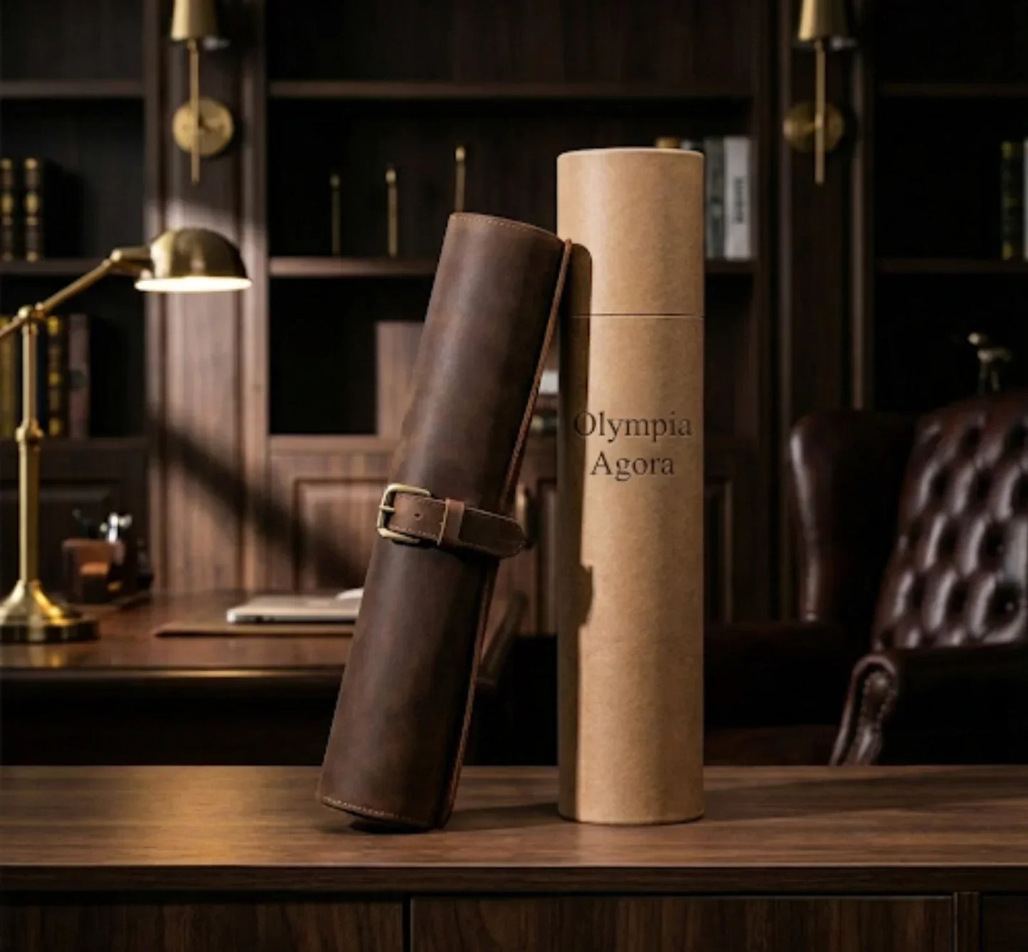 Brown leather roll-up pen case with buckle next to cardboard tube in elegant office setting