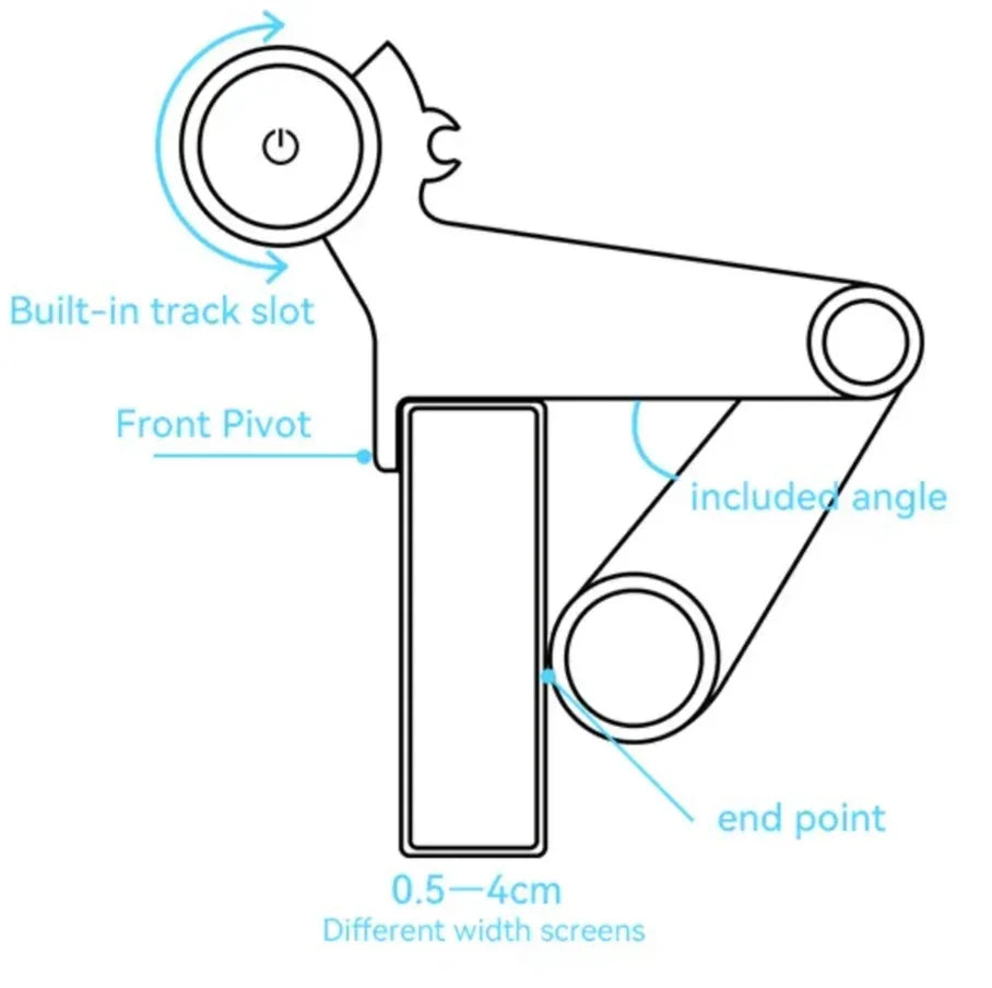 Diagram of adjustable monitor holder with labeled pivot points, track slot, and screen width range.