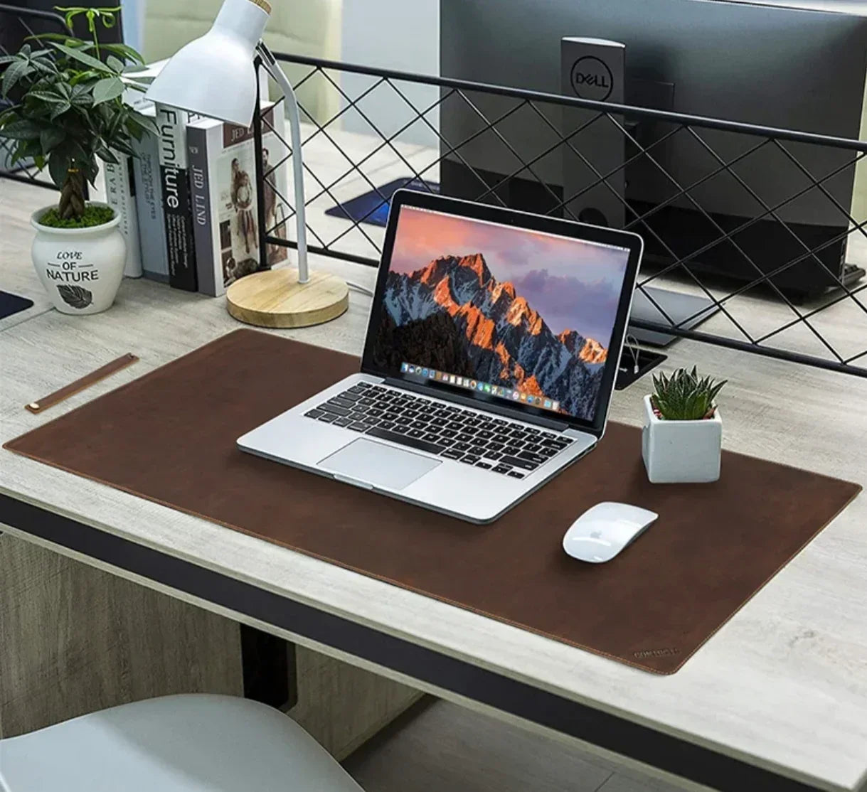 Modern office desk setup with laptop, brown desk mat, mouse, lamp, books, and plants
