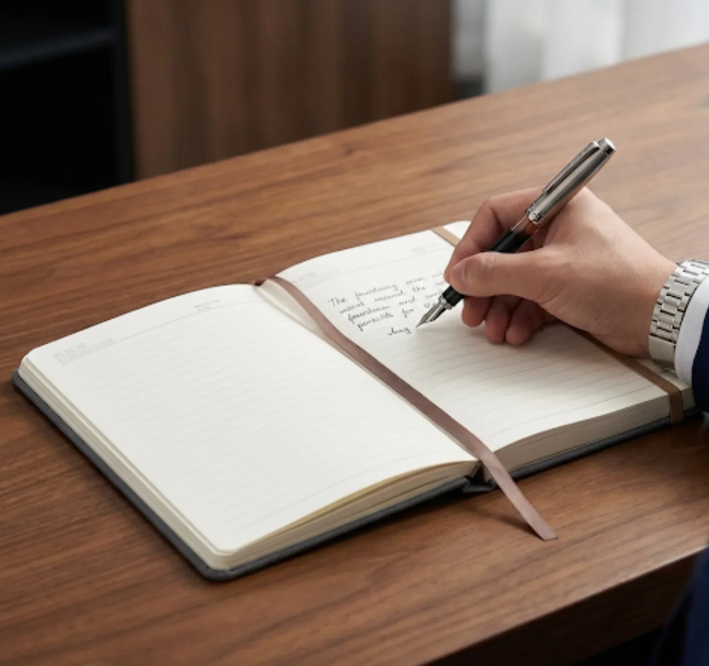 Handwriting in a lined notebook with a pen on a wooden desk, close-up view