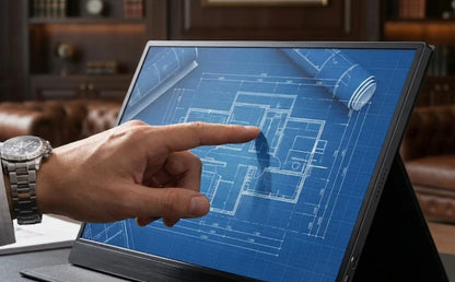 Hand using touchscreen monitor displaying architectural blueprint in professional office setting