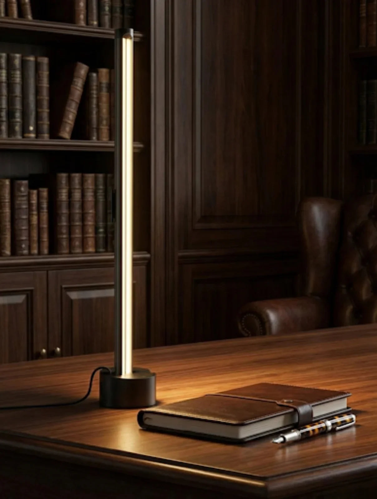 Modern LED desk lamp, leather notebook, and pen on wooden office table in elegant library.