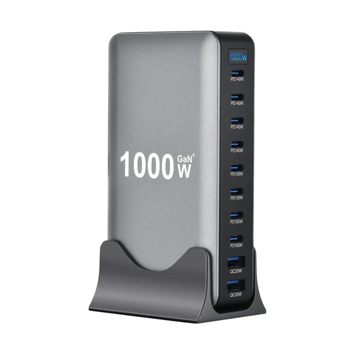 High-power 1000W GaN charger with multiple USB-C and USB-A ports, standing in a holder