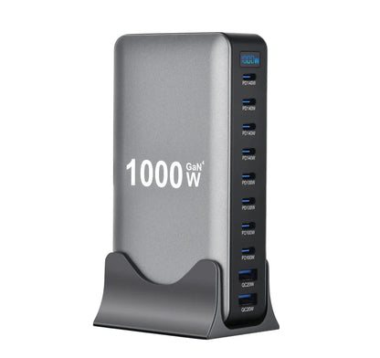 High-power 1000W GaN charger with multiple USB-C and USB-A ports, standing in a holder
