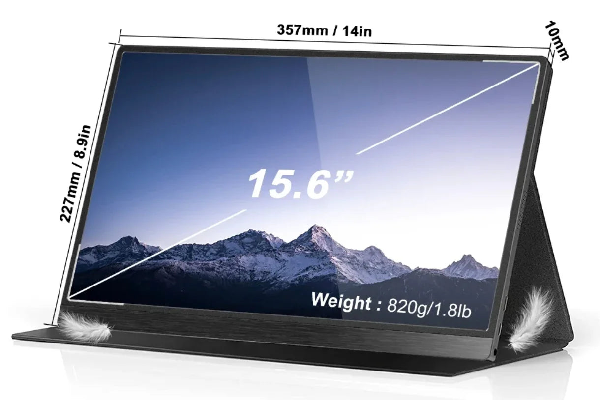 15.6-inch portable monitor with case, mountains on screen, size and weight details visible