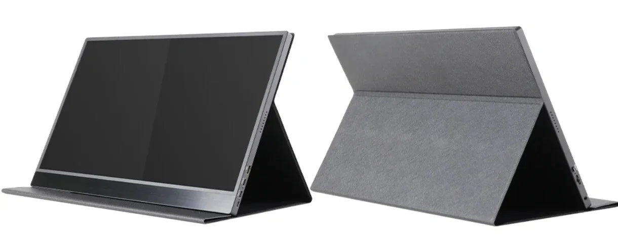 Portable monitor with foldable stand shown from front and back views