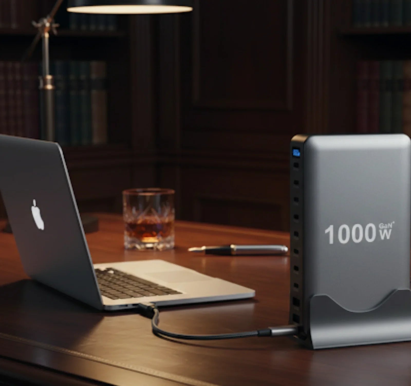 1000W GaN charger powering a laptop on a wooden office desk, modern workspace setup